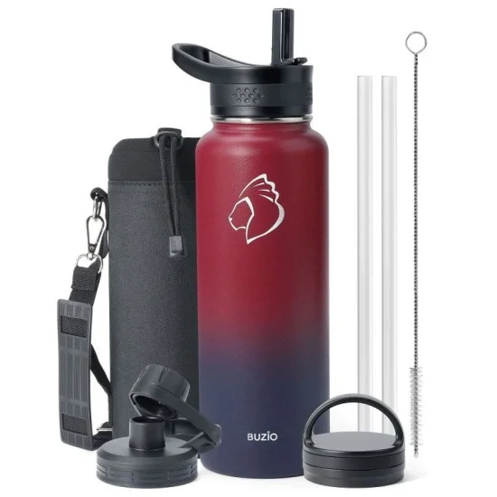 Buzio Trio Series Water Bottle with 3 Lids and Sleeve 1.2L - Ruby Red Navy